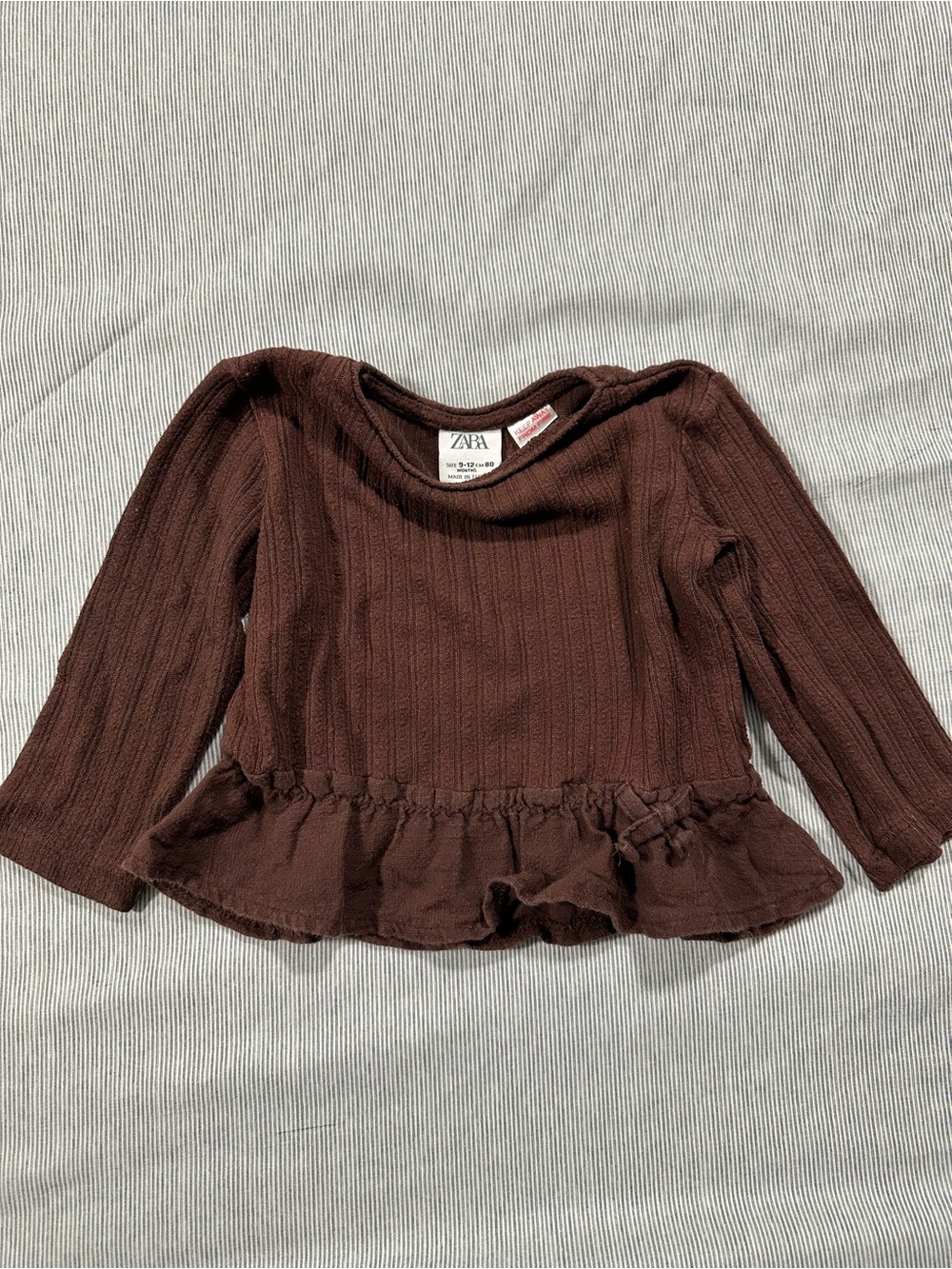 Zara Brown Ribbed Long-Sleeve Peplum Top
